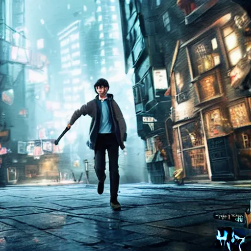 Prompt: harry potter hovering on his magic nimbus through cyberpunk street, raining cheese, photorealistic, cinematic lighting