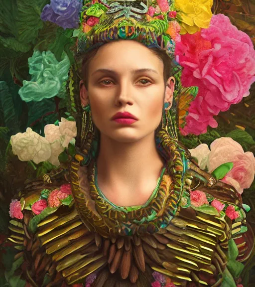 Prompt: portrait of quetzalcoatl, surrounded by flowers, by nan goldin, moebius, tom bagshaw, rococo, trending on artstation, muted lighting, hyper realism, octane render, 8 k, hyper detailed, ink by dave gibbons