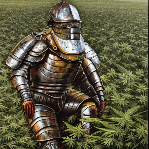 Prompt: a high detailed oil painting of a full armored knight squatting in a field of cannabis plants