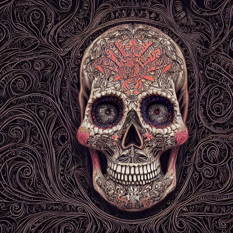 Prompt: a highly detailed photographic render of intricately carved sugar skull, symmetrical, centred, psychedelic, black background, neon light, intricate ornament, gilding, horror, dark fantasy, beautifully lit, ray traced, octane 3D render in the style of Gerald Brom and James Gurney