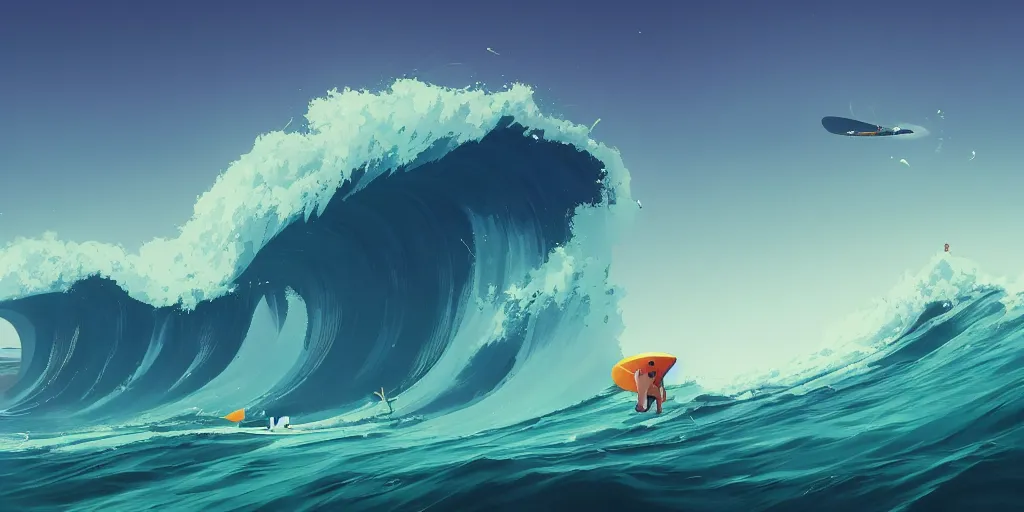 Prompt: big wave surfers by Goro Fujita and Simon Stalenhag , 8k, trending on artstation, hyper detailed, cinematic