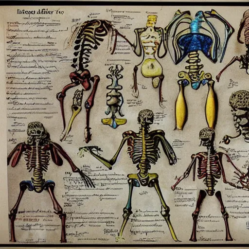 Image similar to vintage, detailed, colored sketch of spongebob anatomy, full body, skeleton, with full descriptions, on parchment