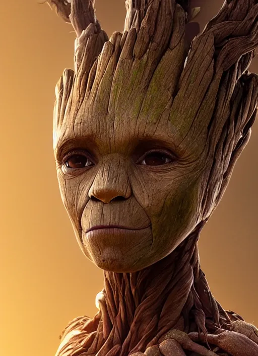 Image similar to female portrait of groot as a belly dancer, au naturel, hyper detailed, digital art, trending in artstation, cinematic lighting, studio quality, smooth render, unreal engine 5 rendered, octane rendered, art style by klimt and nixeu and ian sprigger and wlop and krenz cushart.