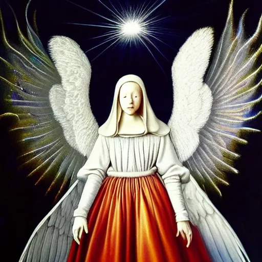 Image similar to highdetailed hyperrealistic painting of white angel!!! no gender smiling noface!!!, light instead of hands, white sparkles everywhere, 4 k hd face!!!, big silver high detailed wings!!!, renaissance, by jan van eyck, by gerhard richter, holography space, glow effect, large strokes, monochrome!!!!!