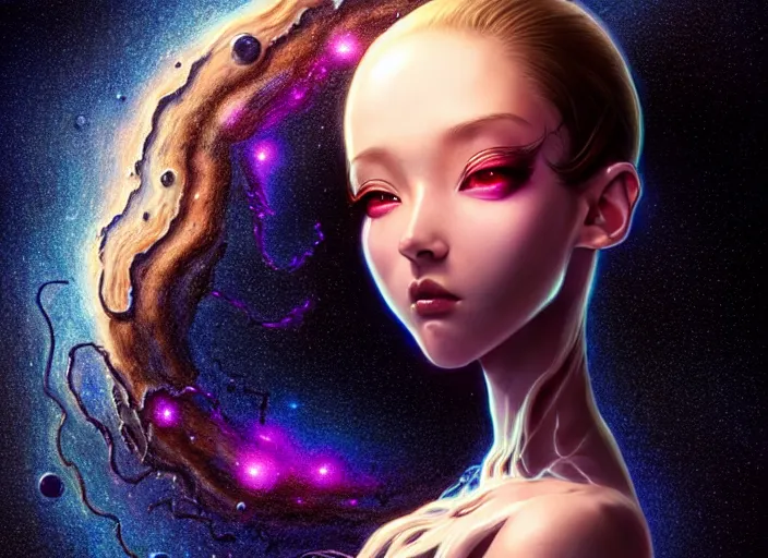 Image similar to azathoth girl wearing a dress made of milky way, full body, occlusion shadow, specular reflection, rim light, unreal engine, artgerm, artstation, art by hiroaki samura and ilya kuvshinov and ossdraws, intricate, highly detailed 8 k, fantasy illustration, extremely beautiful and aesthetic shape of face and body