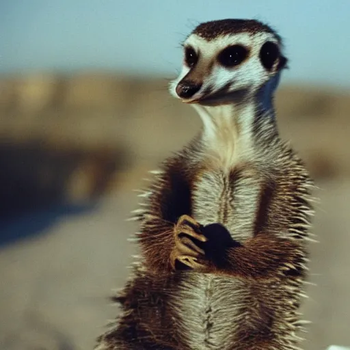 Image similar to meerkat drinking coffee, hedgehog drinking martini, cinematic, kodachrome