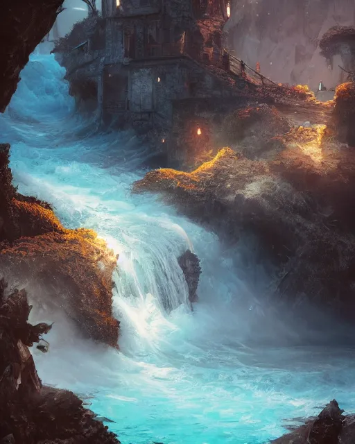 Image similar to cascade de surpris, blue sea, environment art, fantasy art, landscape art, in the style of greg rutkowski, illustration, epic, fantasy, intricate, hyper detailed, artstation, concept art, smooth, sharp focus, ray tracing