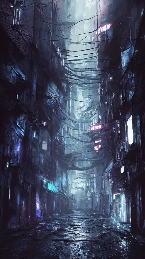 Image similar to an eerie scene of an empty alleyway in a futuristic alien city at night, light rain, small puddles, high quality ray-traced reflections, volumetric lighting, unreal engine 5, liminal space, haunting chilling atmosphere, photorealistic, cyberpunk, hyperdetailed 3d matte painting, hyperrealism, hyperrealistic, cinematic masterpiece, horror style 8k ultrahd octane render