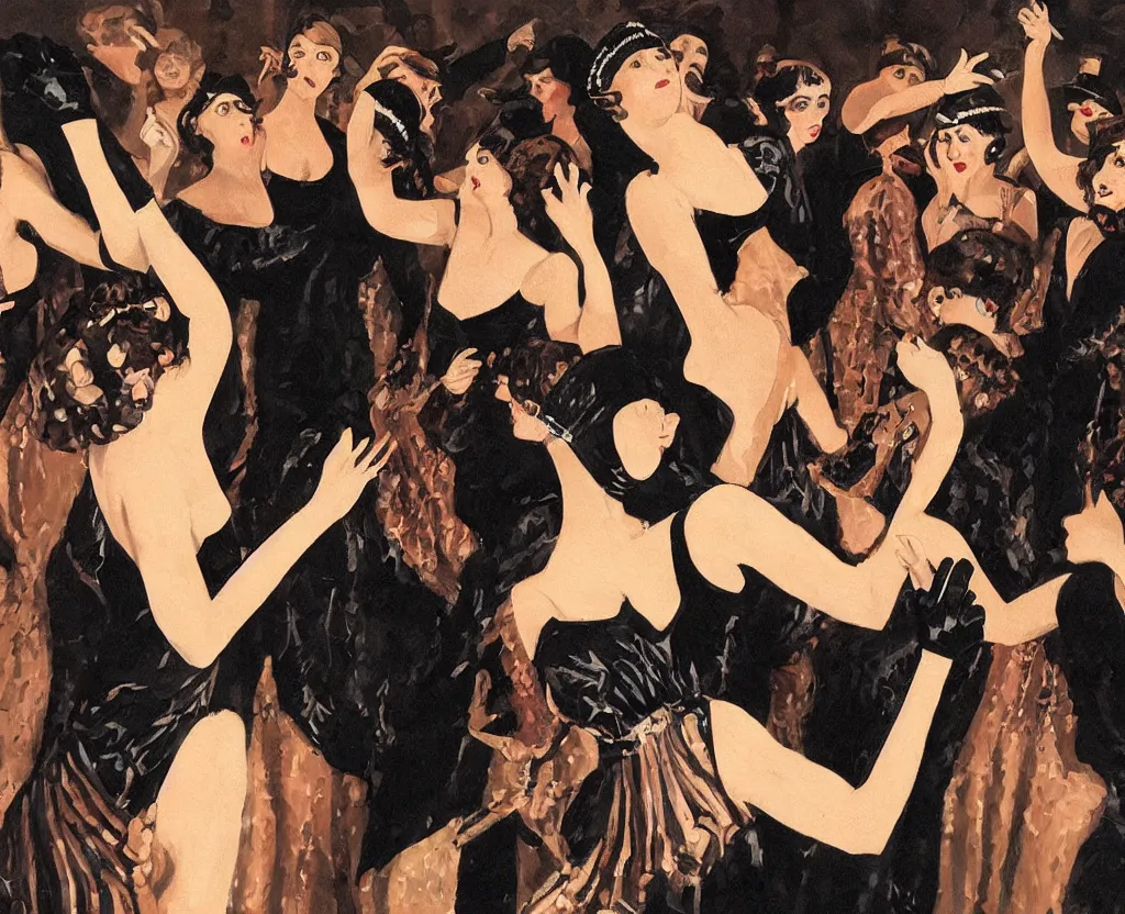 Prompt: realistic painting of a 1 9 2 0 s short - haired flapper woman in black satin gloves dancing with others surrounding her in the center of a party in a dimly lit speakeasy, jazz age, precise, wide lens photography, cohesive, stylistic, cinematic, low - lighting
