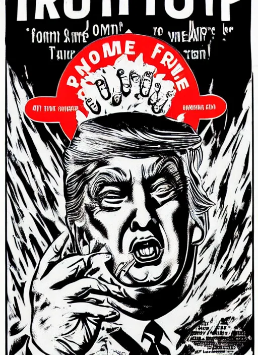 Image similar to Donald Trump's true form on a 1950s horror movie poster, inking, vintage 50s print, detailed, scary, horror, screen print, trending on artstation