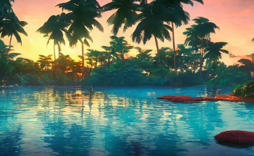 Image similar to a tropical resort in a jungle paradise, with a beautiful red and blue sunset, dynamic lighting, photorealistic fantasy concept art, trending on art station, stunning visuals, creative, cinematic, ultra detailed, ray tracing, sun rays