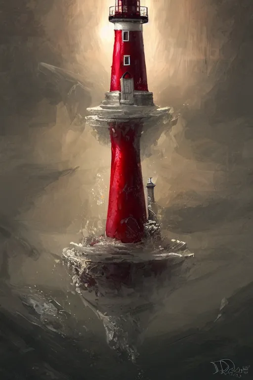 Prompt: a red and white lighthouse inside a clear bottle, very fancy whiskey bottle, intricate concept painting by by eddie mendoza and ross tran and craig mullins