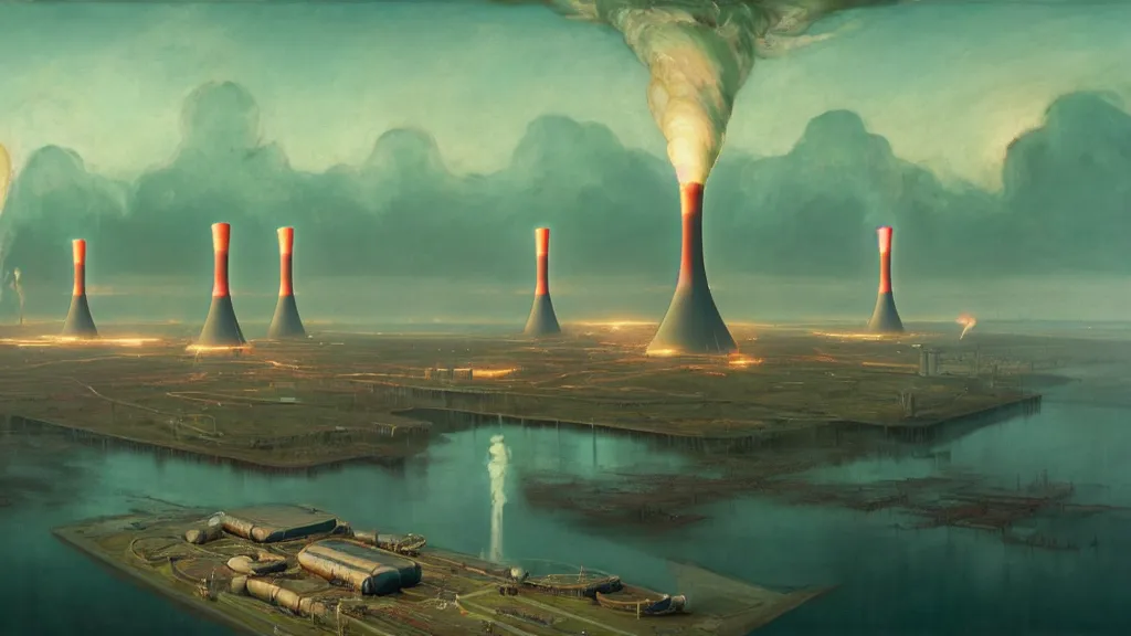 Image similar to A nuclear power plant in utopia by Simon Stålenhag and J.M.W. Turner, oil on canvas; Nuclear Fallout, Art Direction by Adam Adamowicz; 4K, 8K Ultra-Realistic Depth Shading; Epic 4k dream drone shots