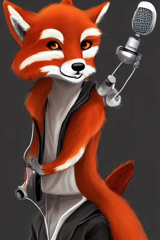 Image similar to an anthropomorphic fox wearing headphones and speaking into a high - end microphone in a recording studio., trending on artstation, anime, furry art, trending on furaffinity