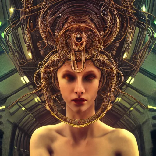 Image similar to Cyberpunk medusa, dark atmosphere, cinematic shot, intricate, ornate, photorealistic, ultra detailed, realistic, 35mm, photography, neon, octane, high definition, depth of field, bokeh, 8k, artstation, ((alphonse mucha)), (hr giger)