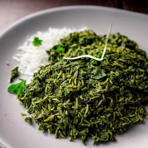 Prompt: grasshoppers on a plate next to spinach and rice, food photography, detailed
