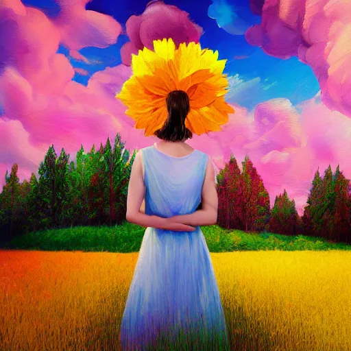 Image similar to girl with giant flower for a face, surreal photography, dream, dress made from the flower field she walks through, hills, big trees, sunrise dramatic light, impressionist painting, colorful clouds, digital painting, pointillism, artstation, simon stalenhag