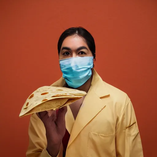 Image similar to a doctor wearing a surgical mask made from a tortilla, bold natural colors, national geographic photography, masterpiece, 8 k, raw, unedited, symmetrical balance