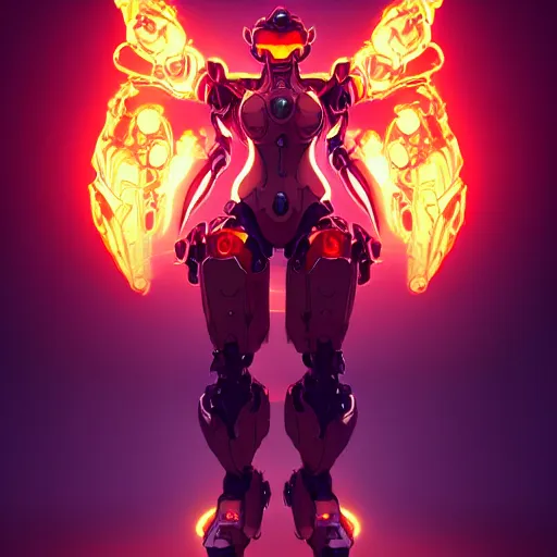 Image similar to a full body character design by artgerm, cushart krenz, ross tran, alphonse mucha. fiery flaming faceless humanoid robot mech giant!! bold outline sharp edges. ultra clear detailed. 8 k. elegant, neon colors, dynamic angle, intricate complexity, epic composition, action pose, cinematic lighting masterpiece