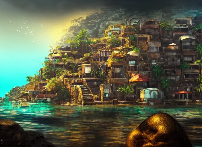 Image similar to ancient ruins favela, underwater environment, scenery, professional, award - winning, trending on artstation, hyper detailed, realistic, beautiful, emotional, shiny, golden, picture