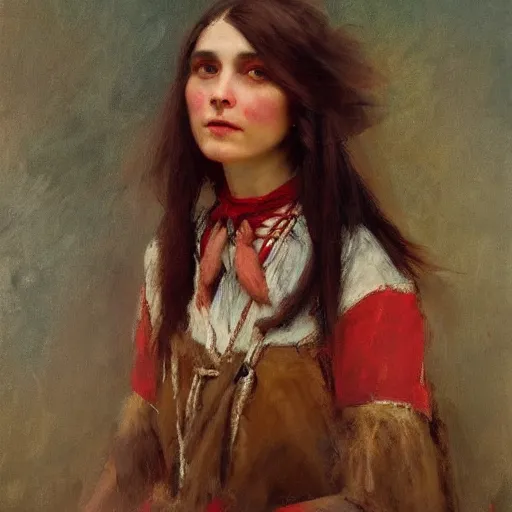 Image similar to Solomon Joseph Solomon and Richard Schmid and Jeremy Lipking victorian genre painting portrait painting of a happy young beautiful woman traditional american indian actress model old west character in fantasy costume, red background