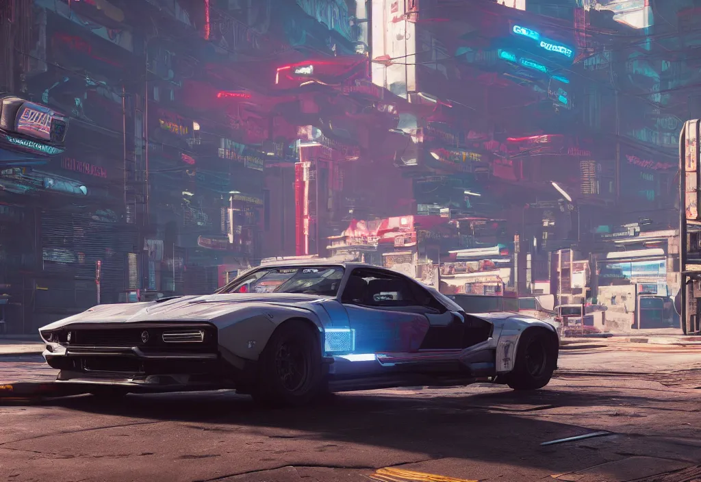 Image similar to screenshot of a car in cyberpunk 2077, 4k render, detailed, unreal engine