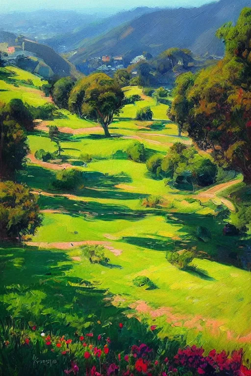 Prompt: San Francisco's green hills during the summertime, very detailed, focused, oil painting, colorful, canvas, artstation, Antoine Pierre Mongin