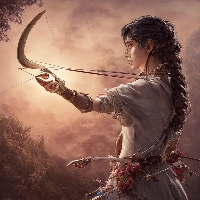 Image similar to the portrait of lawful neutral semi - colorful female archer huntress as absurdly beautiful, gorgeous, elegant, young girl, an ultrafine hyperdetailed illustration by kim jung gi, irakli nadar, intricate linework, bright colors, octopath traveler, final fantasy, unreal engine 5 highly rendered, global illumination, radiant light, detailed and intricate environment