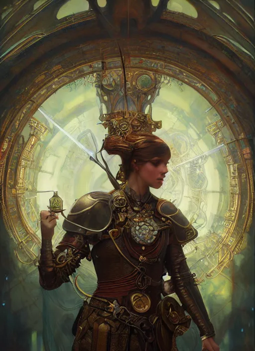 Image similar to hyper realistic knight casting a spell, refined details, denoised, birds eye view, magical, gems, jewels, gold, steampunk, cyberpunk utopia, painted by tom bagshaw, mucha, gaston bussiere, craig mullins, j. c. leyendecker 8 k