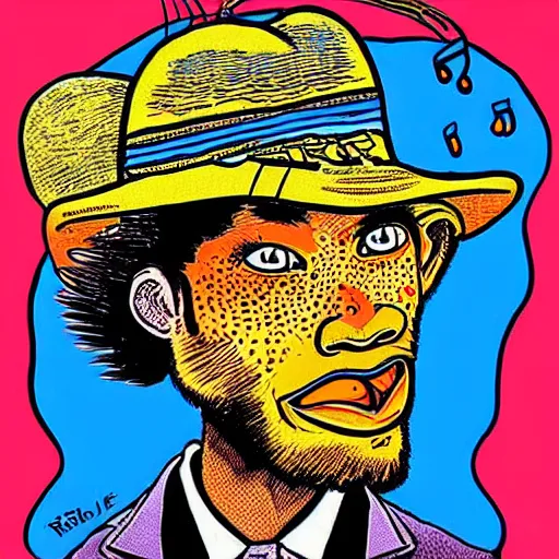 Prompt: “portrait illustration of blues singer howling wolf, colorful, strong, by Robert crumb”