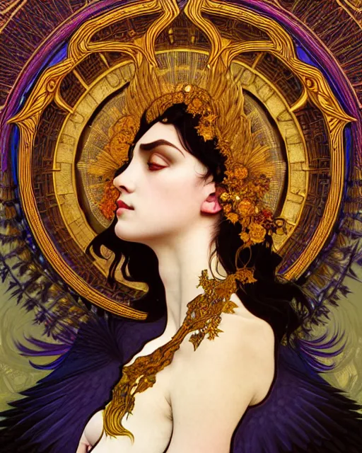 Prompt: goddess of the ravens, unusual beauty, emotionally evoking symbolic metaphors, head in focus, fantasy, ornamental, intricate, elegant, sensual, highly detailed digital painting, artstation, concept art, painterly, golden ratio, sharp focus, illustration, art by Rafael and Alphonse Mucha and Albert Aublet