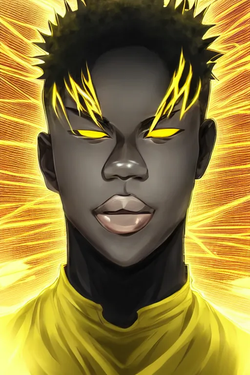 Image similar to glowing black male anime character, golden hair, yellow eyes, symmetrical, highly detailed, digital art, sharp focus, trending on art station, crazy hair, electricity superpowers, anime art style