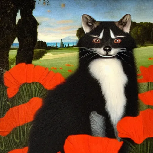 Image similar to a caravaggio painting masterpiece exposed at the Louvres in paris : a closeup of a black cute adult cat sitting on 4 paws next to big a black and white adult racoon in a field of poppy with a red sunset in the background. This 4K HD image is Trending on Artstation, featured on Behance, well-rendered, extra crisp, features intricate detail and the style of Unreal Engine.