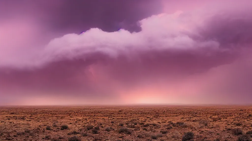 Prompt: soft glow pink desert with snow mountains and cloudy skies, purple fog, thunderstorms in the distance, long exposure, detailed, hyper realistic, photorealism, landscape, ultra wide angle view, peaceful, cinematic, volumetric lighting, god ray through clouds, disturbance