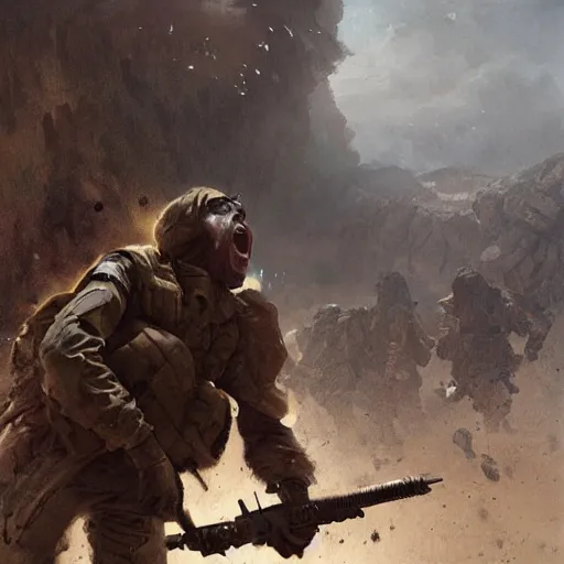 Prompt: a soldier screaming during an battlefield, Matte painting , detailed painting, greg rutkowski