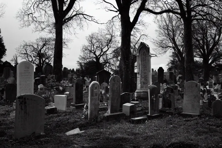 Image similar to photo of a graveyard guarded by a gravekeeper, unsettling atmosphere, eerie, bizarre, horror