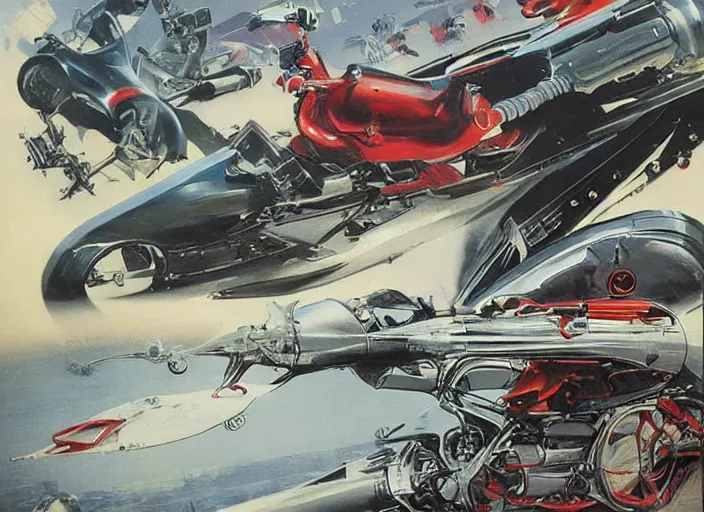 Prompt: ( ( ( ( ( classic vintage motorcycle, motorcycle concept art, sci - fi illustration, painting ) ) ) ) ) by vincent di fate and john berkey and danger diabolik!!!!!!!