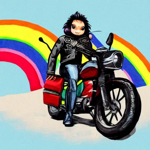 Image similar to wide angle full body, jacket wearing fluffy cute rainbow kitten wearing a black leather motorcycle jacket, riding on a motorcycle, cinematic concept art