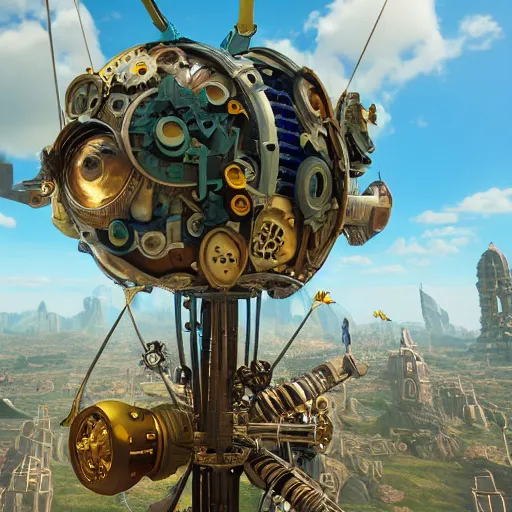 Image similar to flying city in a mechanical flower, sky, fantasy art, steampunk, masterpiece, unreal 5 render