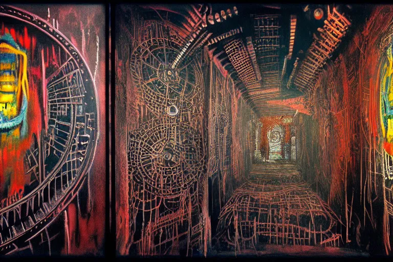 Prompt: the inside of a symmetrical hellish dungeon, mirrors and ancient gears, matte painting, 4 k, epic composition, volumetric light, abstract illusionism, by william stout, jean - michel basquiat, pour paint, modern street art, grunge wall, industrial