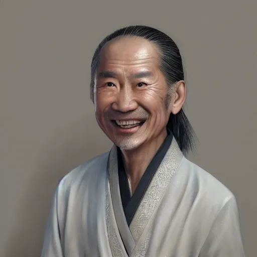 Image similar to portrait painting of a 6 0 year old smile handsome taoist priest, silver ponytail hair, amiable by yangjun chen, huang guangjian, fenghua zhong, wenjun lin, nadar, bright colors, octopath traveler, unreal engine 5 highly rendered, global illumination, radiant light, detailed and intricate environment