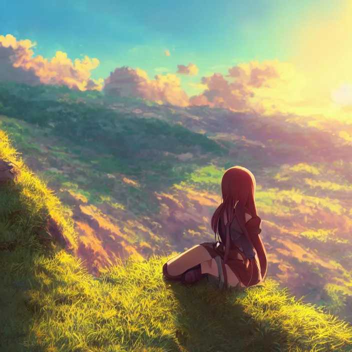 Image similar to Anime Girl Sitting on Edge of Cliff at a Green Valley at Sunset, Golden Hour! Trending on Artstation, Pixiv, Deviant Art!