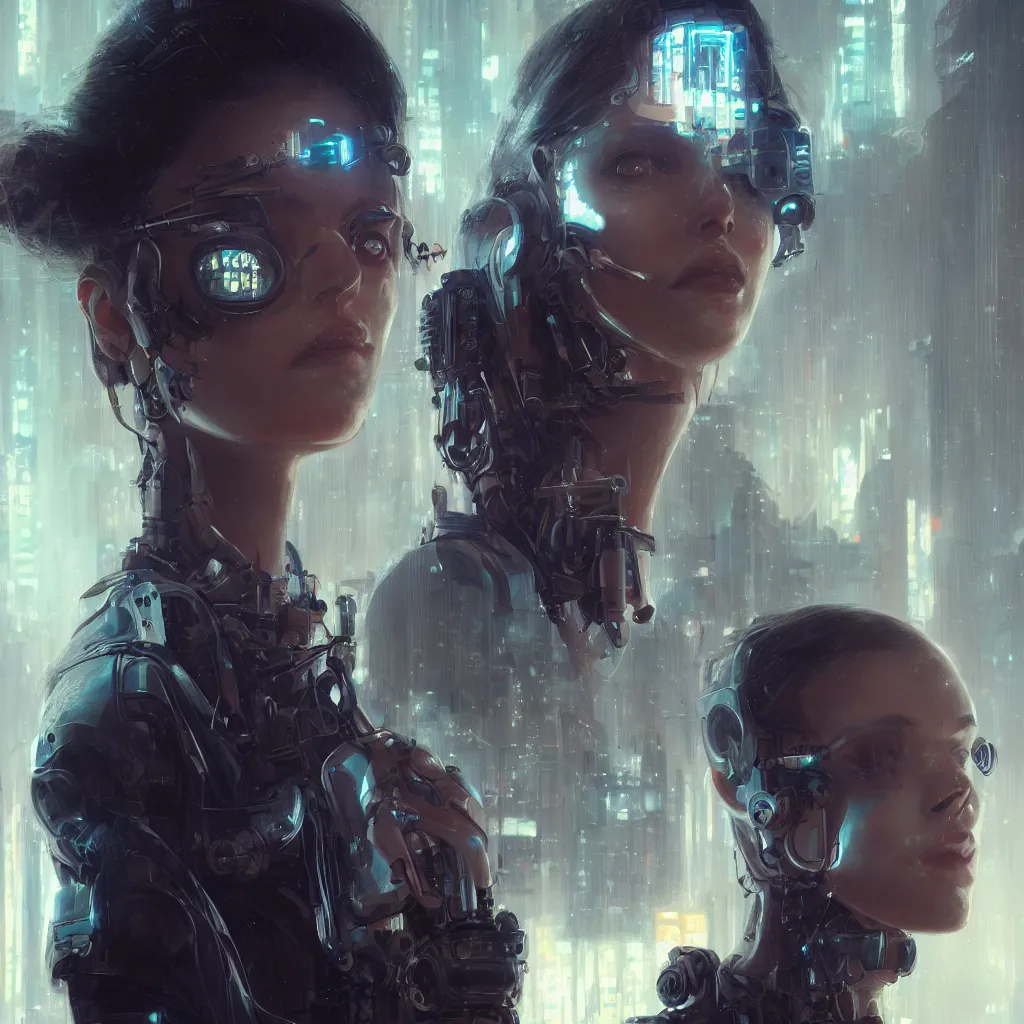 Prompt: portrait of a cyberpunk beautiful young woman by Greg Rutkowski, biomechanical, full size highly detailed portrait, futuristic, digital engine, cinematic, 8k,luminous, Blade Runner background, vapor