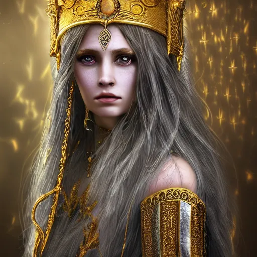 Image similar to highly detailed sharp photorealistic portrait of a beautiful lithuanian female priestess with shimmering hair, symmetrical face and eyes, dressed in intricate flowing silk, the silky cloth lined with golden glowing letters, cgsociety, Elden Ring, Dark Souls, Bloodborne H 640