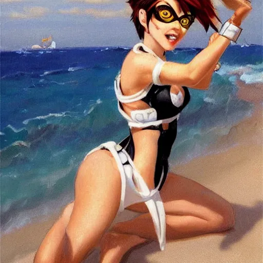 Image similar to pinup art of tracer from overwatch in a beach, artwork by alfred stevens