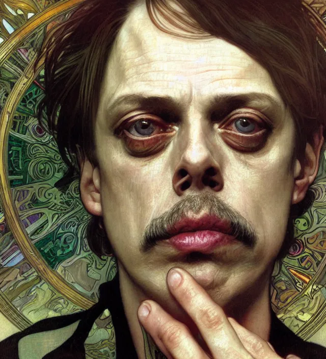 Image similar to detailed closeup portrait of steve buscemi by alphonse mucha, ayami kojima, yoshitaka amano