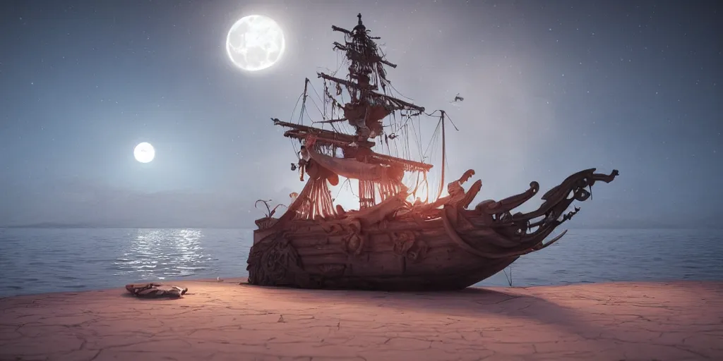 Prompt: ethereal ghost pirate ship at open sea at night, full moon behind it, 3 d art, octane render, 6 k, unreal engine