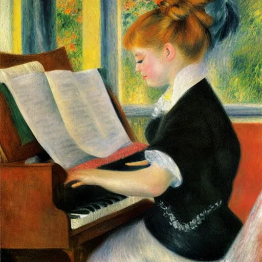 Image similar to blonde girl sits at the piano while her cat lays on the piano keys, painting by renoir