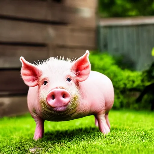 Image similar to a miniature pig wearing a cute hat!!! summer garden! hyper realistic!! realistic lighting!! wildlife photograph of the year!!! bold natural colors, national geographic, hd, wide angle, 8 k