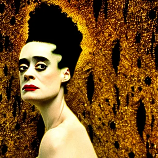 Image similar to a dramatic cinematic portrait photograph of bride of frankenstein influenced by gustav klimt.